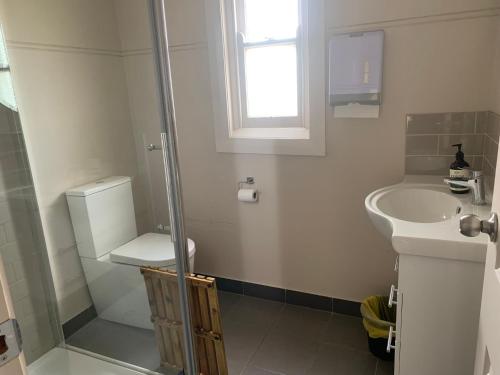 a bathroom with a sink and a toilet and a shower at The Light Horse Hotel in Harden