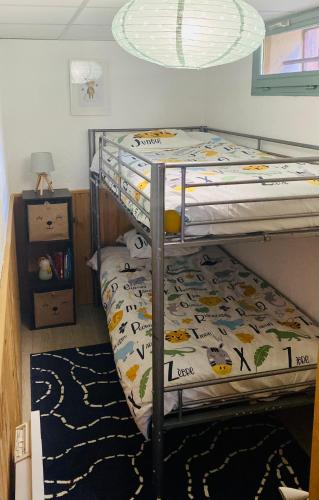 - une chambre avec des lits superposés et un couvre-lit avec des animaux dans l'établissement Appartement 4 personnes - CHALET COSY Mont Dore, à Le Mont-Dore