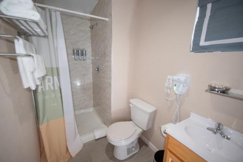 a bathroom with a toilet and a shower and a sink at Flushing Garden Hotel in Queens