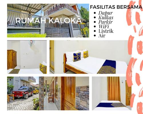 a collage of photos of a house with a bed at guest house RUMAH KALOKA in Triwung