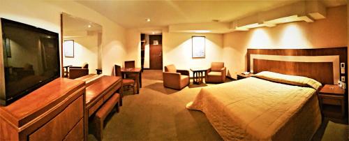 Habitación de hotel con cama y TV de pantalla plana. en Hotel Finisterre en Ciudad de México