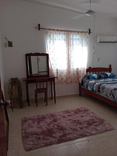 1 dormitorio con espejo, cama y escritorio en casa bambú, en Palenque