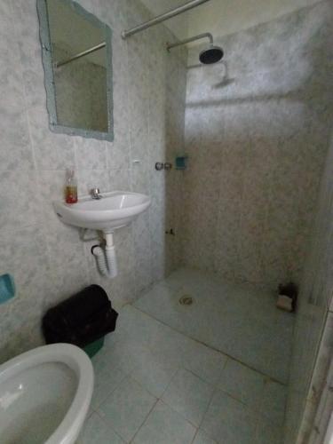 y baño con lavabo, ducha y aseo. en casa bambú, en Palenque