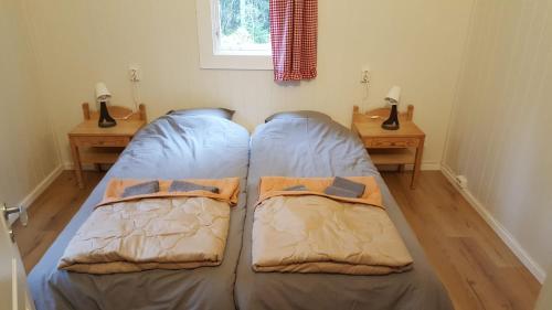 un letto in una camera con due cuscini sopra di Rosa's stuga 