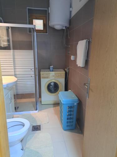 ein Badezimmer mit einer Waschmaschine und einem WC in der Unterkunft Tratinčica in Tjentište