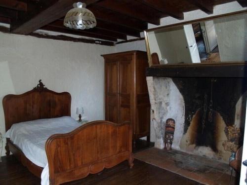 une chambre avec un lit et une cheminée dans l'établissement Le Cireysou - Secluded farmhouse with large private pool and grounds, à Saint-Germain-et-Mons