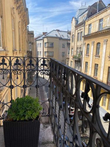 a black fence with a potted plant on a balcony at LvApart вул Ковжуна 2 кім ізол кухня студія звітні документи in Lviv