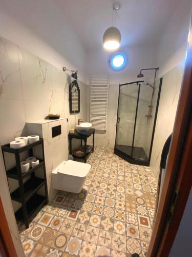 a bathroom with a toilet and a shower at Apartament pod Tężnią II in Głuchołazy