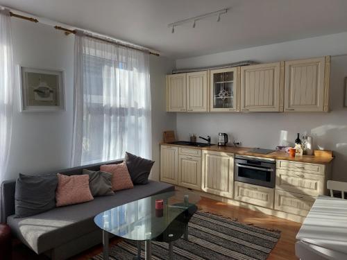 a living room with a couch and a kitchen at Kesklinna peatuspaik in Tallinn