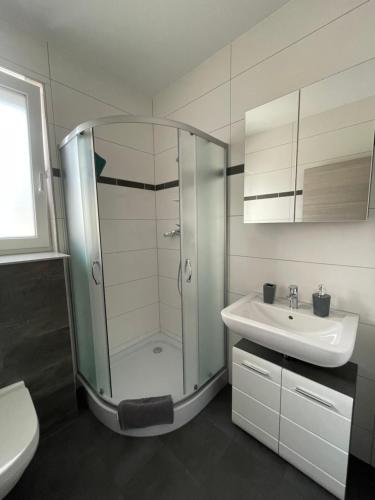 y baño con ducha y lavamanos. en Lora Appartements, en Mainbernheim