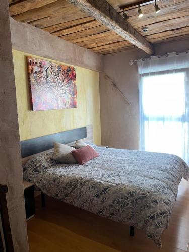 ein Schlafzimmer mit einem Bett mit zwei Kissen darauf in der Unterkunft Albergue hostal Sahagún in Sahagún