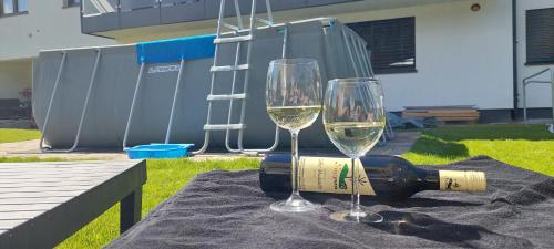 due bicchieri di vino bianco seduti su un tavolo di M4 Appartements a Wagrain
