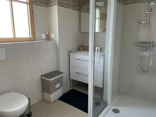 een badkamer met een douche, een toilet en een wastafel bij La maison Baz in Deauville