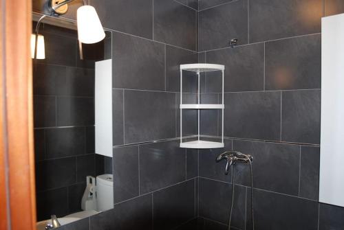 ein Bad mit einer Dusche und einer schwarzen Kachelwand in der Unterkunft Precioso apartamento junto a la ría in Limpias