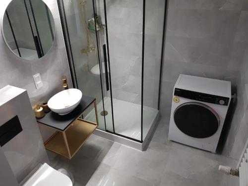 a bathroom with a shower and a washing machine at Apartament Wyłom 8 in Poznań