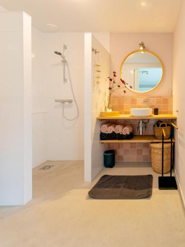 a bathroom with a sink and a mirror at De Duinlopers - Studio appt Bries - Strand, duinen en nabij cultuur steden in Castricum