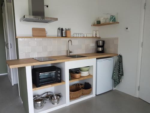 een keuken met een wastafel en een magnetron bij De Duinlopers - Studio appt Bries - Duinen, strand en nabij cultuur steden in Castricum