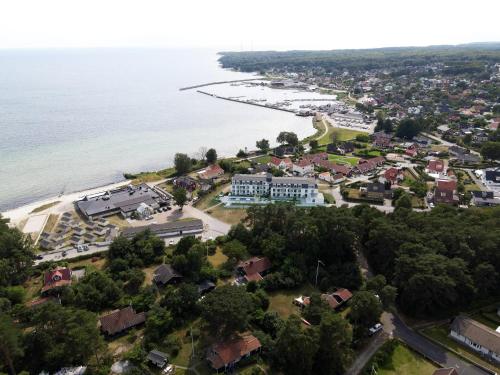 an aerial view of a town next to the water at Hotell Hanöhus Hällevik in Sölvesborg