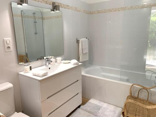 une salle de bain avec un lavabo, une baignoire et un miroir dans l'établissement Adorable petite maison en pleine nature, à Javols