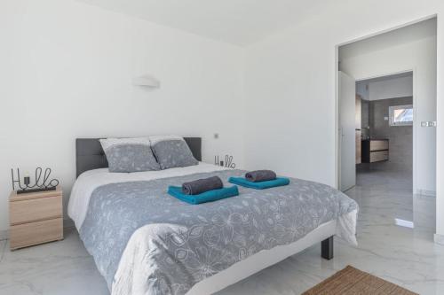 een slaapkamer met een bed met twee blauwe kussens erop bij Villa saint helene in Sainte-Hélène