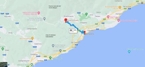 eine Karte des Weges einer Fahrt in der Unterkunft Hotel La Pineta in Cogoleto
