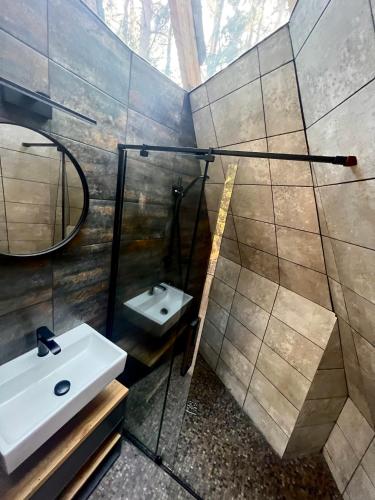 a bathroom with a sink and a mirror at CallTipi glass house in Kalgriaužiai