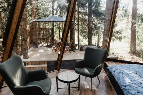 a room in a tree house with two chairs and a table at CallTipi glass house in Kalgriaužiai