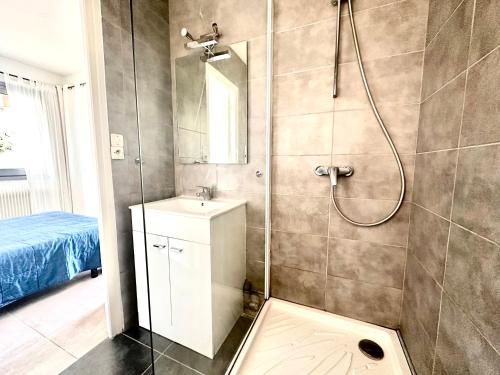 y baño con ducha y lavamanos. en Appartement La Petite Maison, en Le Grau-du-Roi