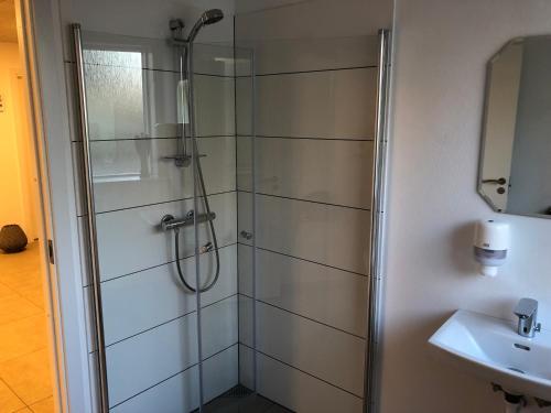 a shower with a glass door next to a sink at Brønks Bed and Breakfast in Langeskov