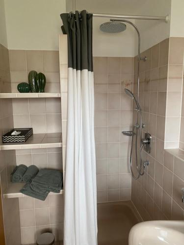 La salle de bains est pourvue d'une douche avec rideau de douche. dans l'établissement Ferienwohnung Vogesenblick, à Müllheim