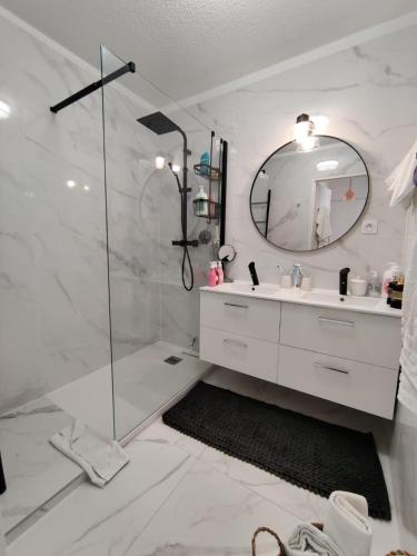 une salle de bain avec une douche, un lavabo et un miroir dans l'établissement En exclusivité T3 à 2 pas des plages de St Raphael, à Saint-Raphaël