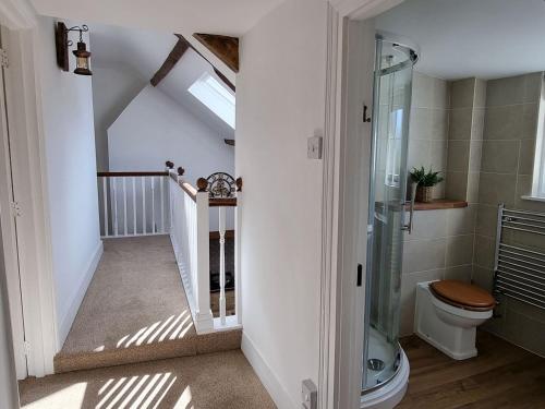 a bathroom with a toilet and a glass shower at Karslake Cottage in Winsford