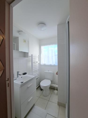 La salle de bains blanche est pourvue de toilettes et d'un lavabo. dans l'établissement Studio calme Brest hyper centre, à Brest
