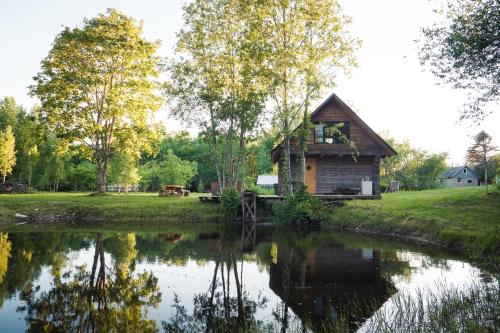 a log cabin next to a river with trees at Paluküla Glamping Kase in Paluküla