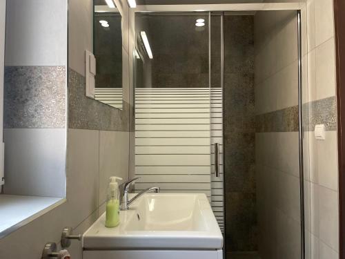 a bathroom with a sink and a shower and a mirror at Apartmány pri Zvonici in Oravský Podzámok