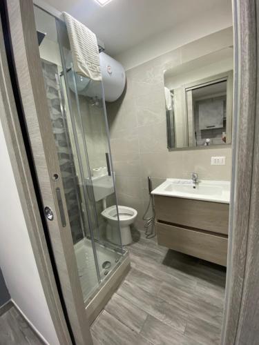 a bathroom with a shower and a toilet and a sink at House Casablanca in Naples