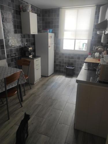 a kitchen with a black cat sitting in the middle of the floor at Begogane in Santurce