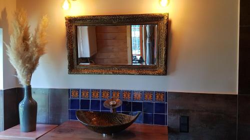 ユリアーナドルプにあるRomantisch Huisjeのバスルーム(鏡、花瓶、シンク付)
