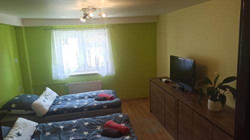 ein Wohnzimmer mit 2 Betten und einem Flachbild-TV in der Unterkunft Pod czereśniami in Tolkmicko