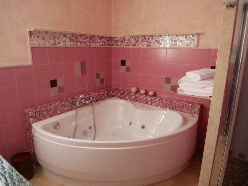 a bathroom with a tub in a pink bathroom at La Rayuela in Monachil