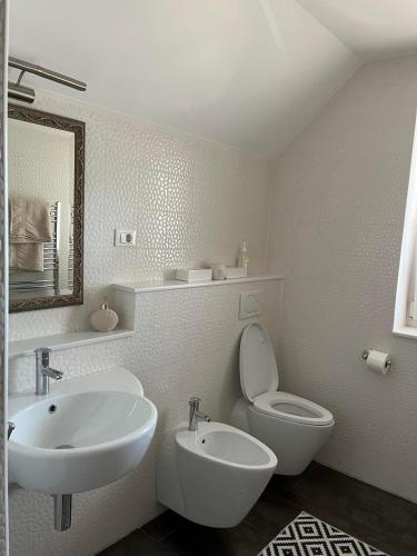 Un baño con lavabo, inodoro y espejo. en Lodge Diana & Room Sweet 26, en Bled