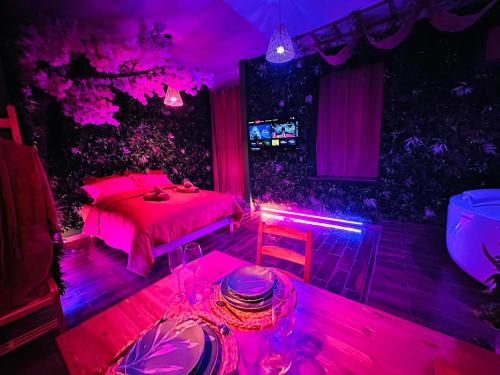 a room with a bed and a table with pink lights at Narbnb - JUNGLE SUITE - Jacuzzi - Centre - Clim in Narbonne