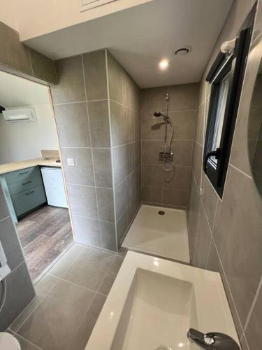 W łazience znajduje się prysznic, umywalka i wanna. w obiekcie Tiny House L’œil des Dômes w mieście Saint-Pierre-le-Chastel