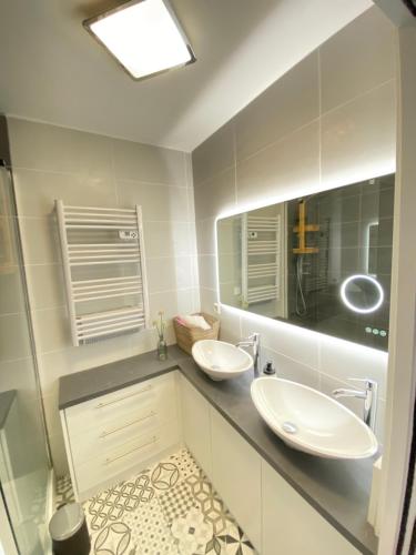 a bathroom with two sinks and a mirror at superbe T3 centre ville avec garage fermé in Clermont-Ferrand
