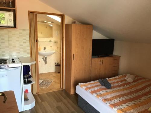 een kleine slaapkamer met een bed en een wastafel bij Drávecz Apartman in Balatonlelle