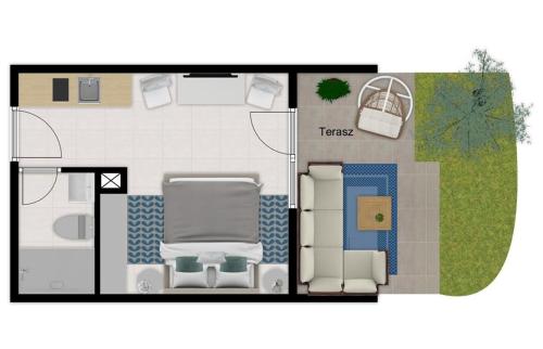 a floor plan of a small house with a chair at Blue Beach Apartman in Zamárdi