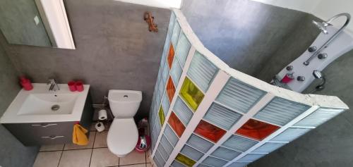a bathroom with a toilet and a sink and a shower at ESCAL RUN in Le Tampon