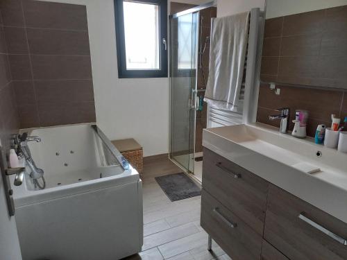 une salle de bain avec une baignoire et un lavabo dans l'établissement Villa in Rocbaron with Private Pool, à Rocbaron