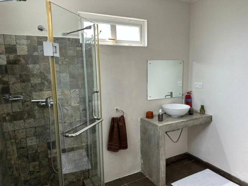 ein Bad mit einer Dusche und einem Waschbecken in der Unterkunft villa chez Lisa in La Gaulette