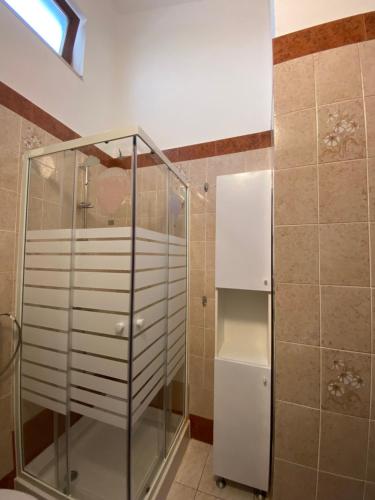baño con ducha de cristal y azulejos en Apartments Natasa, en Punat